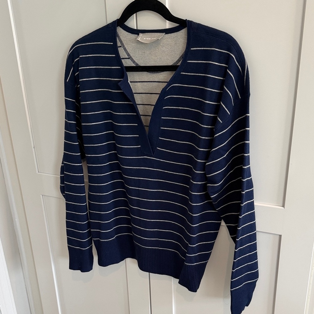 Everlane Blue and White Striped V-Neck Top (Medium)